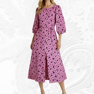 ICHI Pink Floral Midi/Maxi Dress Puff Sleeve Belted Front Slit Size 36